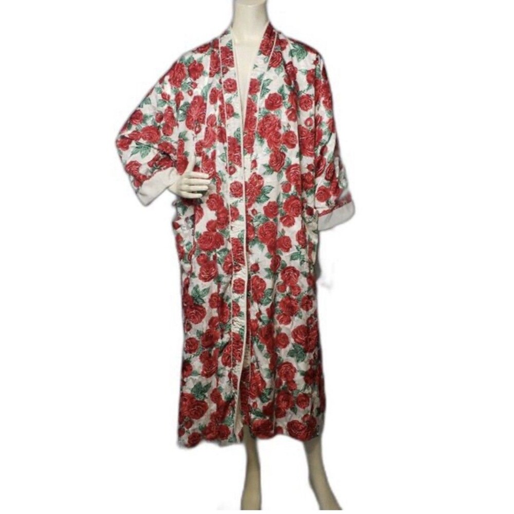 Vintage Victorias Secret Floral Satin Robe Gold Label Red Roses Maxi Size M/L